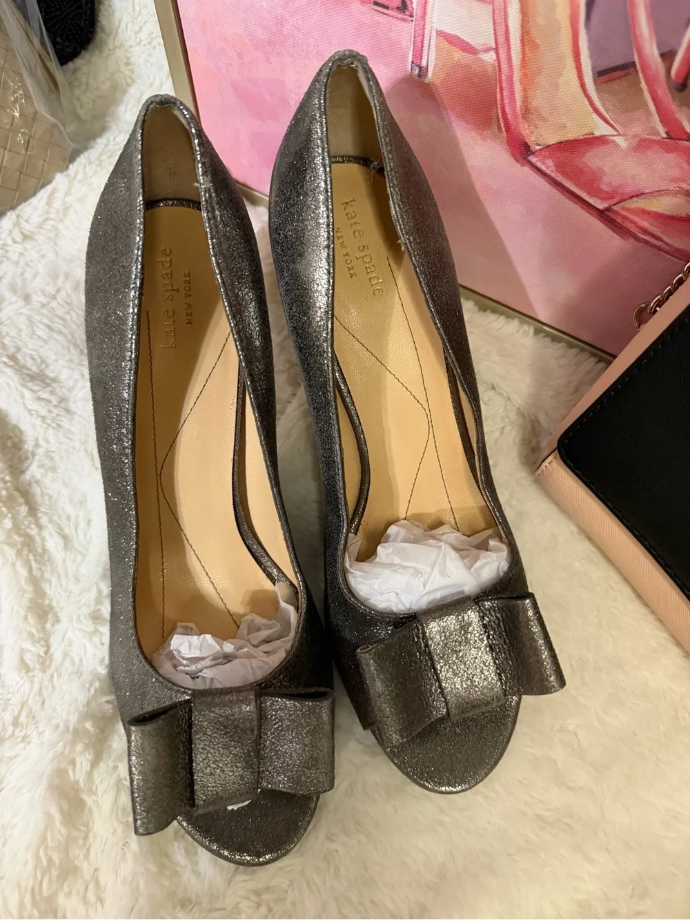 Kate Spade Bow Peep Toe Heels Metallic Pewter Pumps Size 8.5M Wedding Party